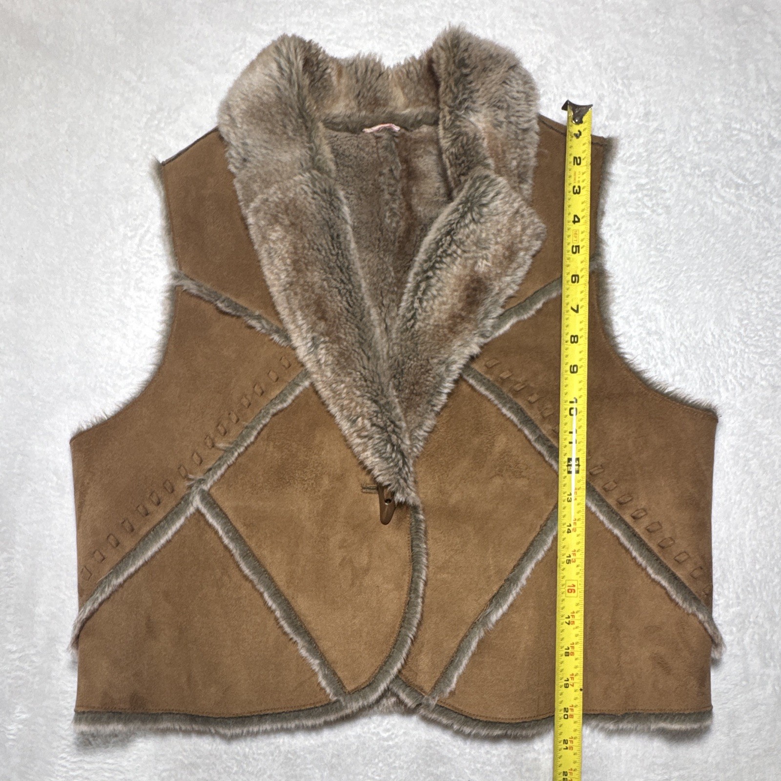 Unisex Adults Brown Toggle Vest L Faux Fur Lined Shawl Collar Solid Short EUC
