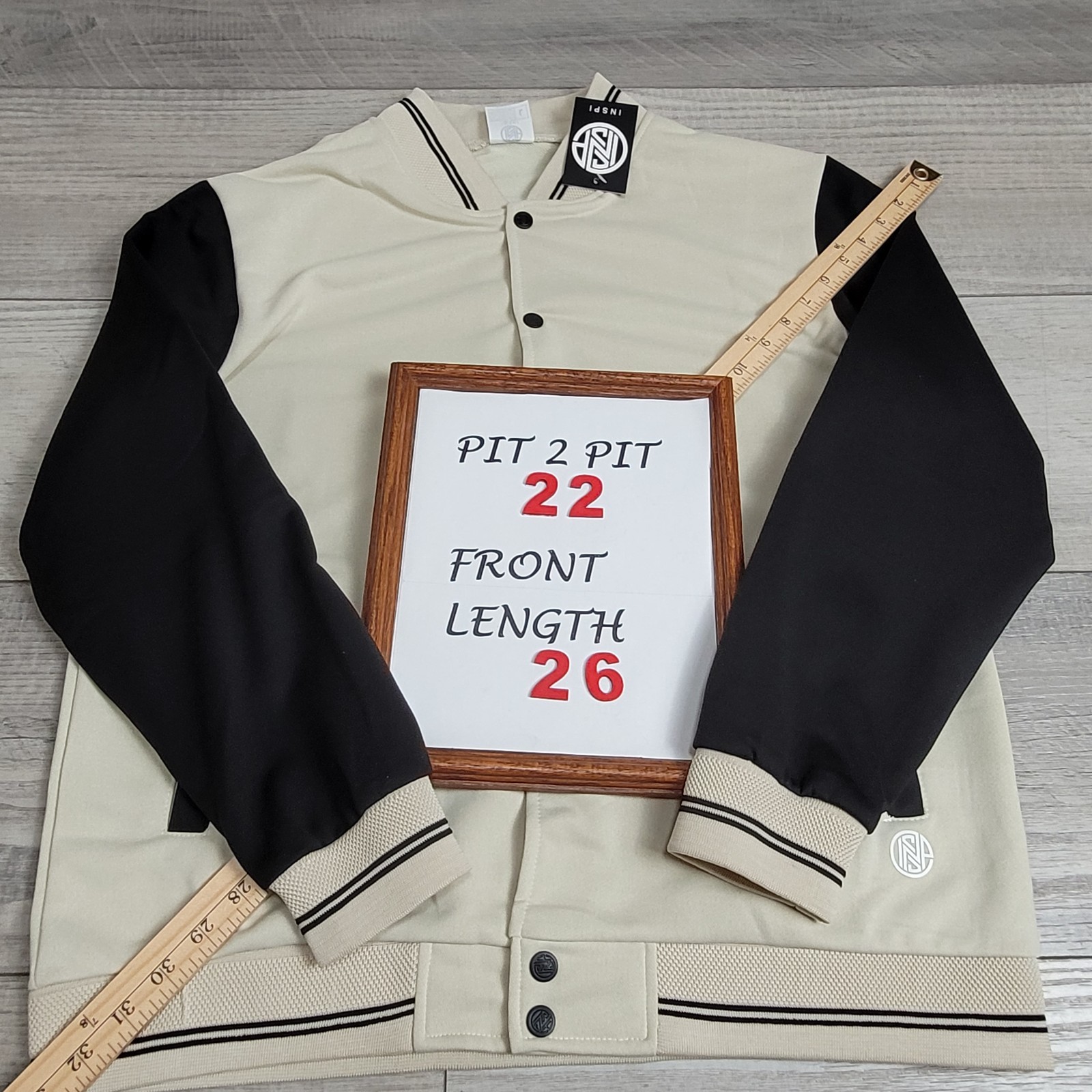 🧢INSPI Korean Bomber Varsity Jacket Unisex Large Ivory/Black Streetwear NWT