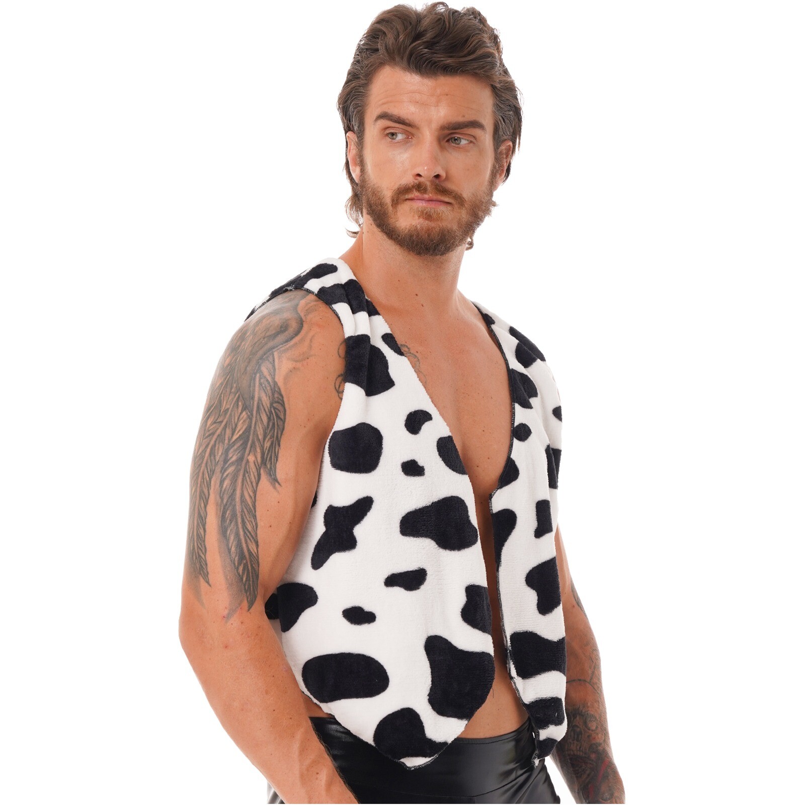 US YiZYiF Men’s Cow Print Sleeveless Open Front Coat Vest Cowboy Cosplay Costume