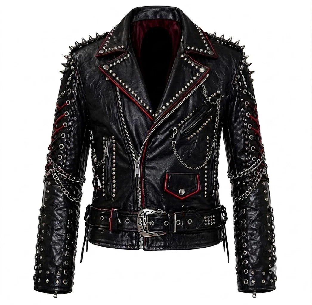 Men’s Black Leather Punk Motorcycle Jacket Studded Spikes Classic Biker Rocker