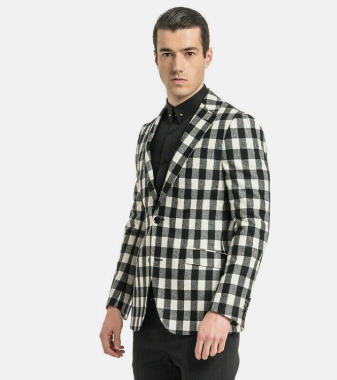 Black and White Check Mens Blazer Plaid Casual Business Slim Workwear Tuxedos