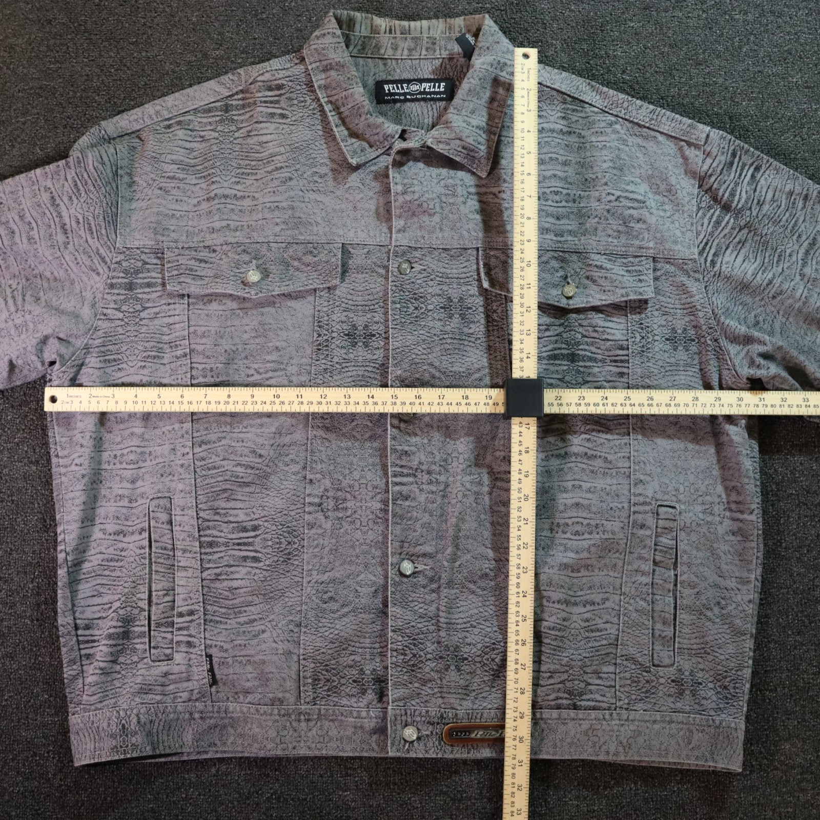 Pelle Pelle Jacket Mens 4XL Gray Denim Trucker Python Pattern 90s Hip Hop Retro