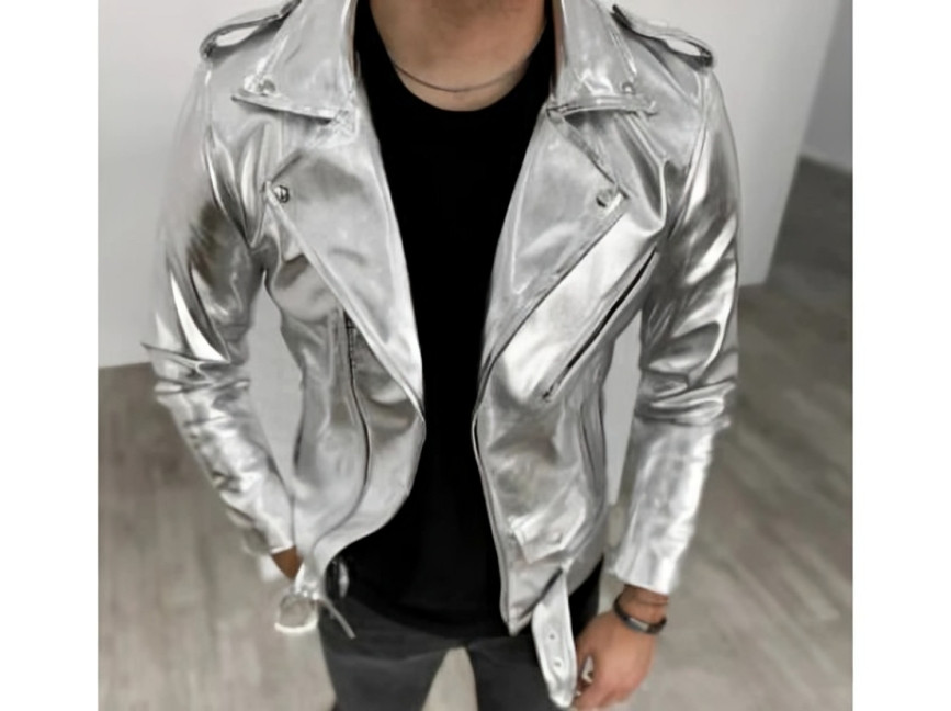 Men Stylish 100% Genuine Lambskin Leather Handmade Silver Casual Biker Jacket
