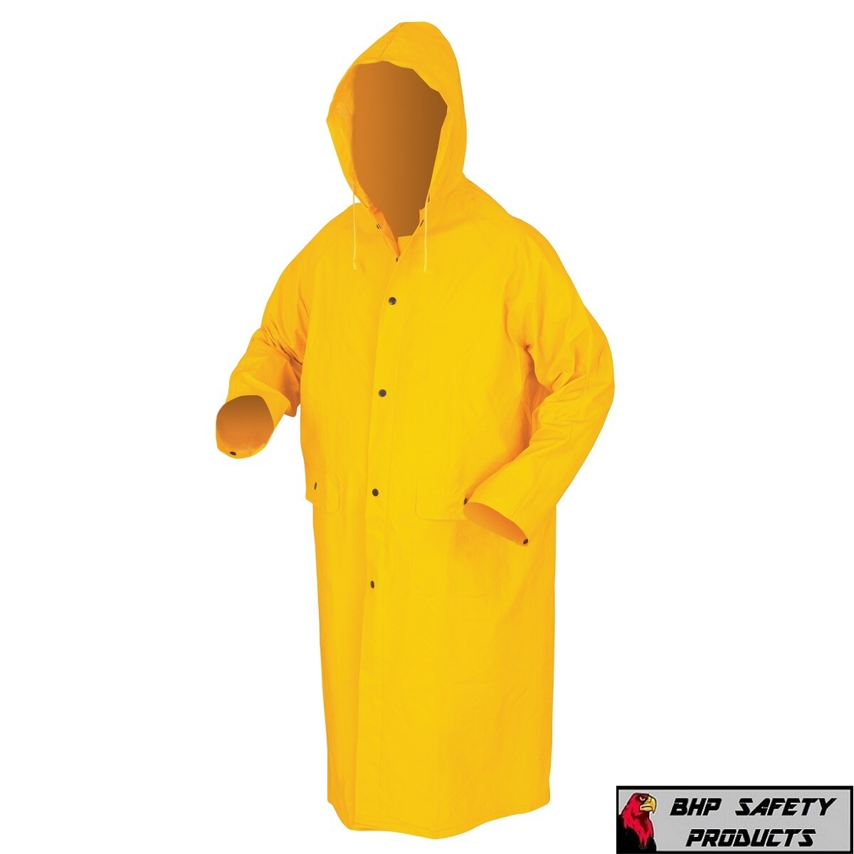 Safety Rain Coat Yellow Rain Jacket 49″ w Detachable Hood .35mm PVC / Polyester