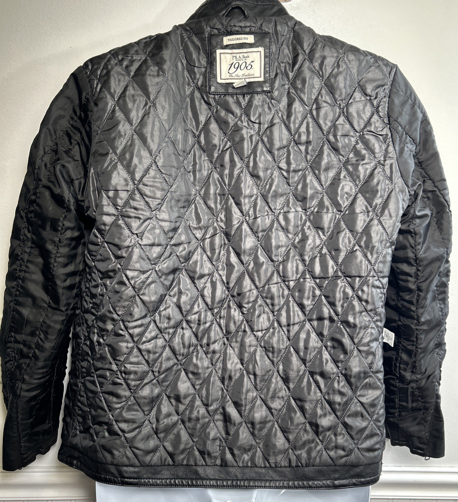 Men’s Vegan Leather Zip Motorcycle Jacket M Black Quilted Moch Neck Jos A Bank