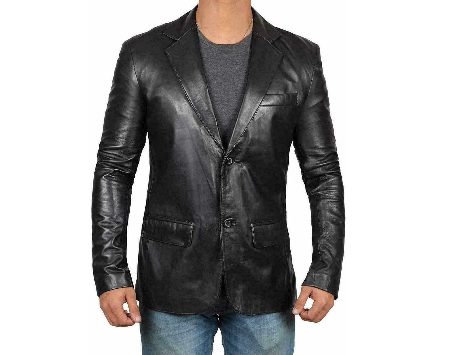 Men’s Genuine Lambskin Leather Blazer Jacket Coat Two Button Black Slim Fit Coat
