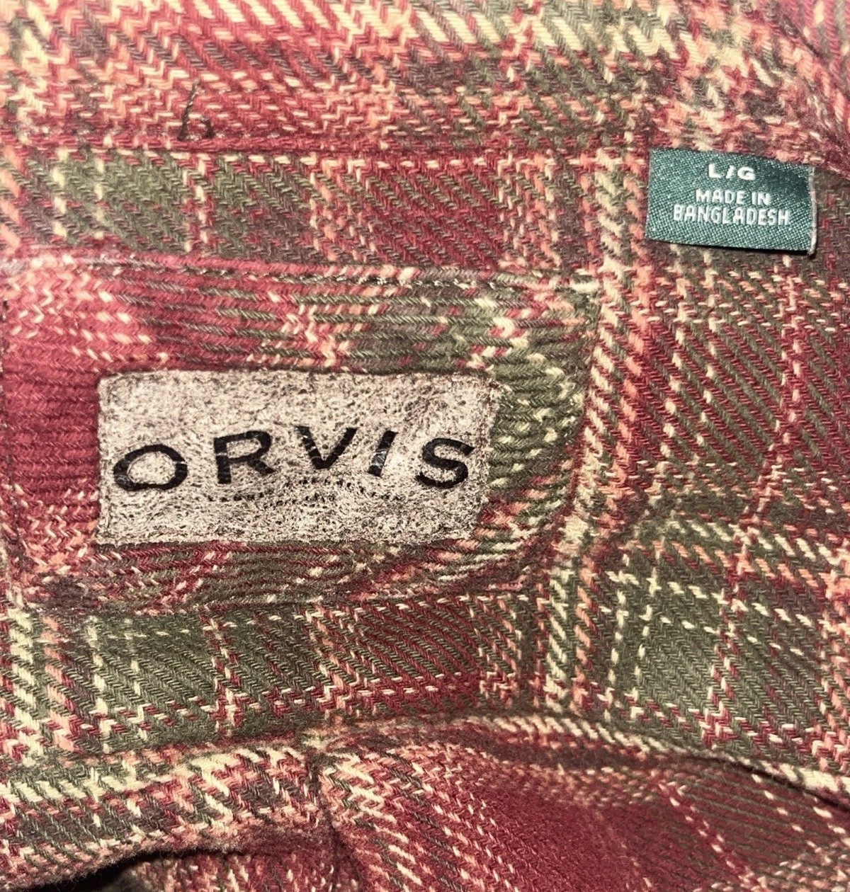 Mens L Orvis Heavy Weight Flannel Shirt Thick Jacket Plaid Button Up Pockets
