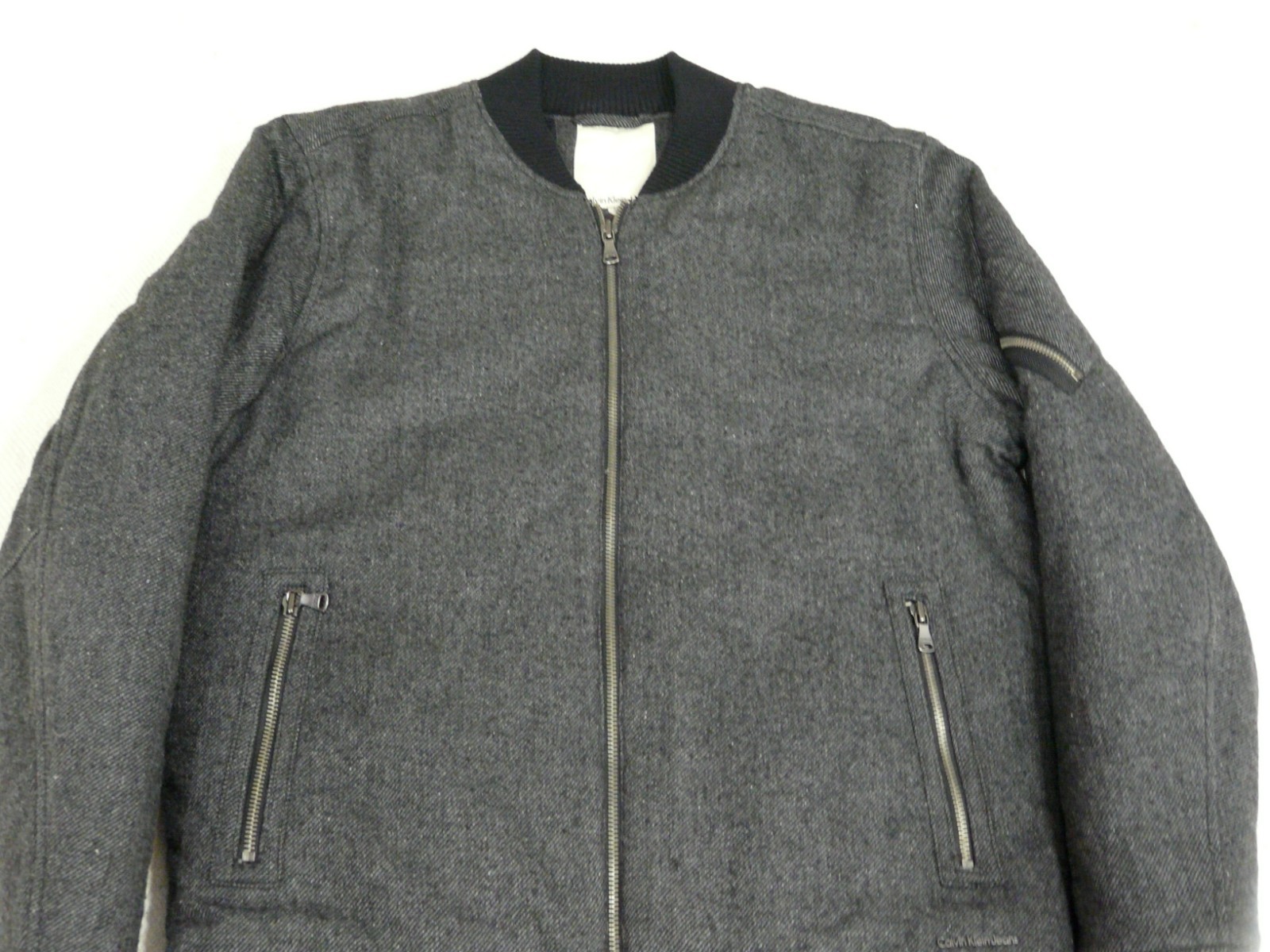 Calvin Klein Bomber Jacket Mens M Charcoal Gray Zip Pockets Ribbed Heavyweight