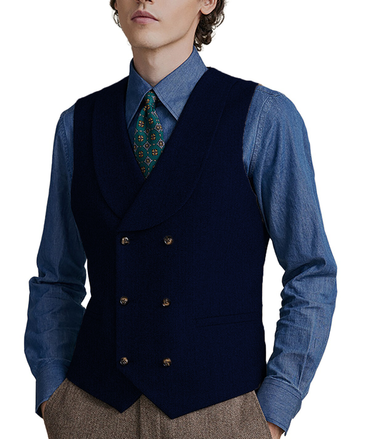 Shawl lapel Vests Mens Double-breasted Waistcoats Tweed Herringbone Wedding Wool