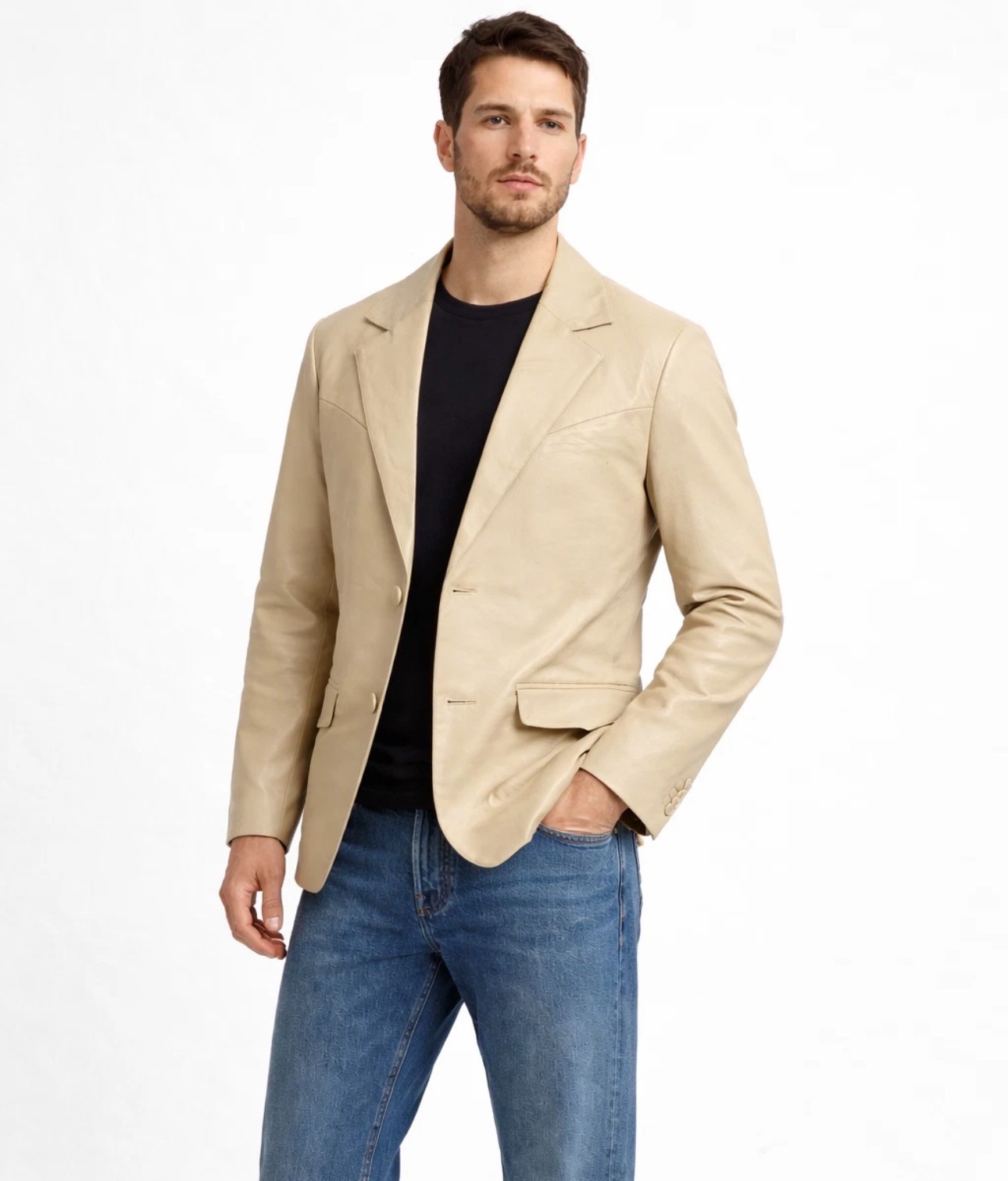 Men’s Genuine Leather Blazer Western Style Beige Jacket Classic Button Coat