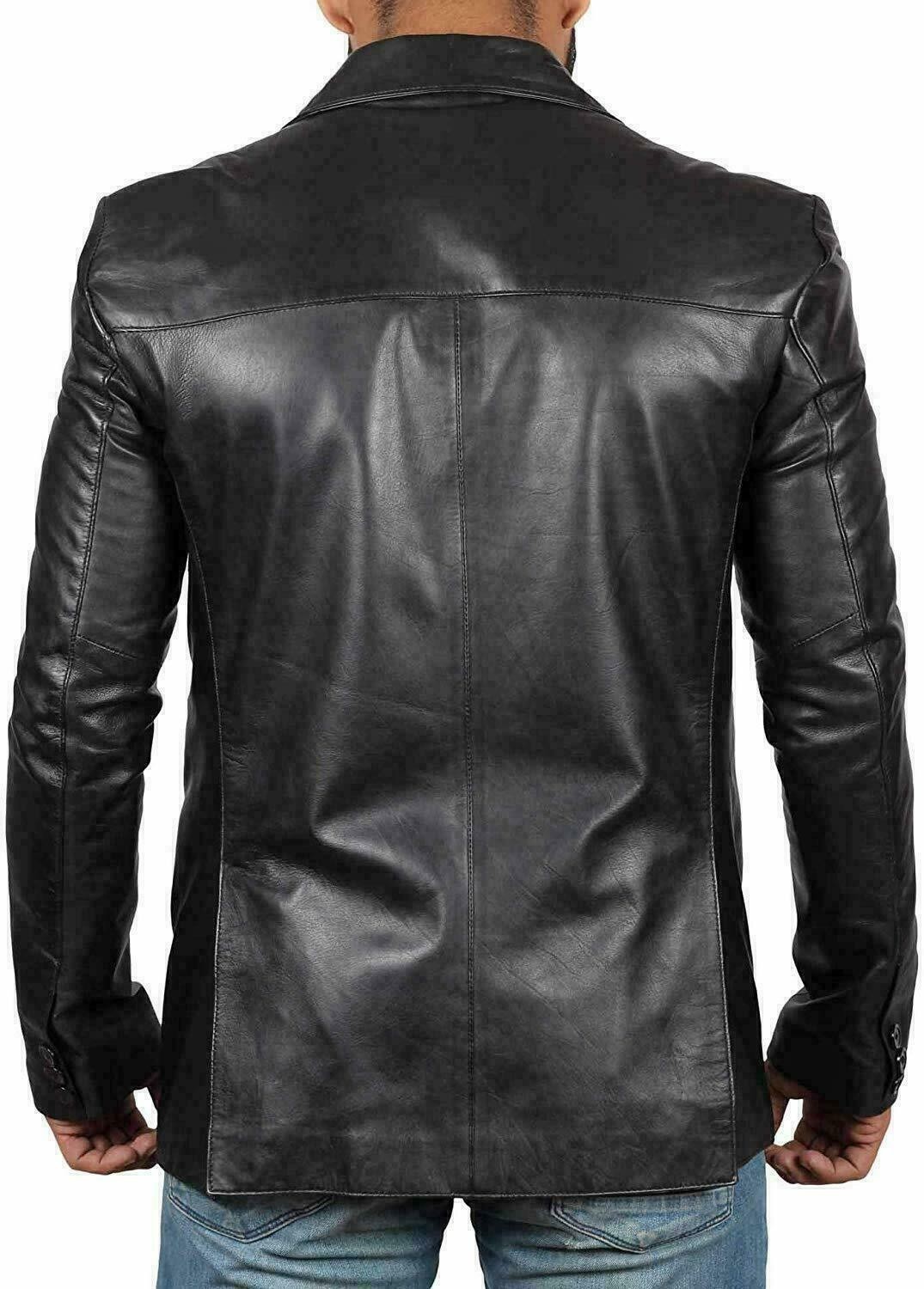 Men’s Genuine Lambskin Leather Blazer Jacket Coat Two Button Black Slim Fit Coat