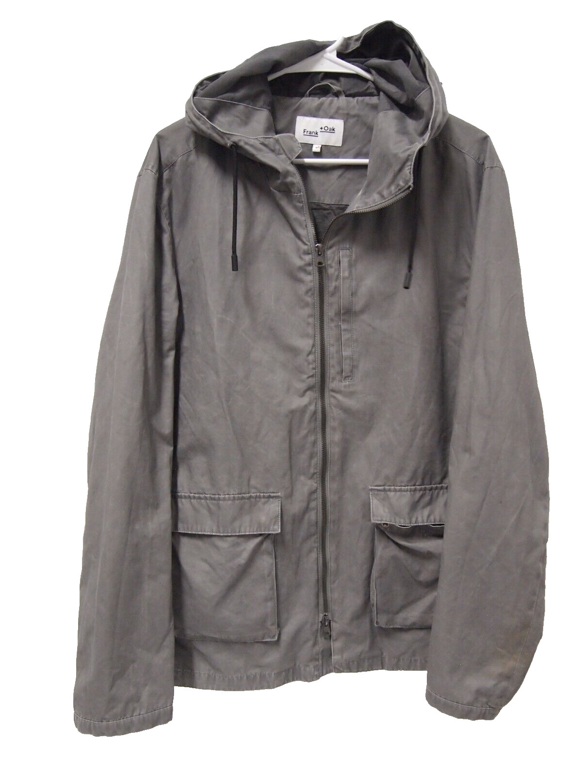 Frank & Oak Mens Jacket M Grey Full Zipper Hooded Drawstring Anorak #1410016