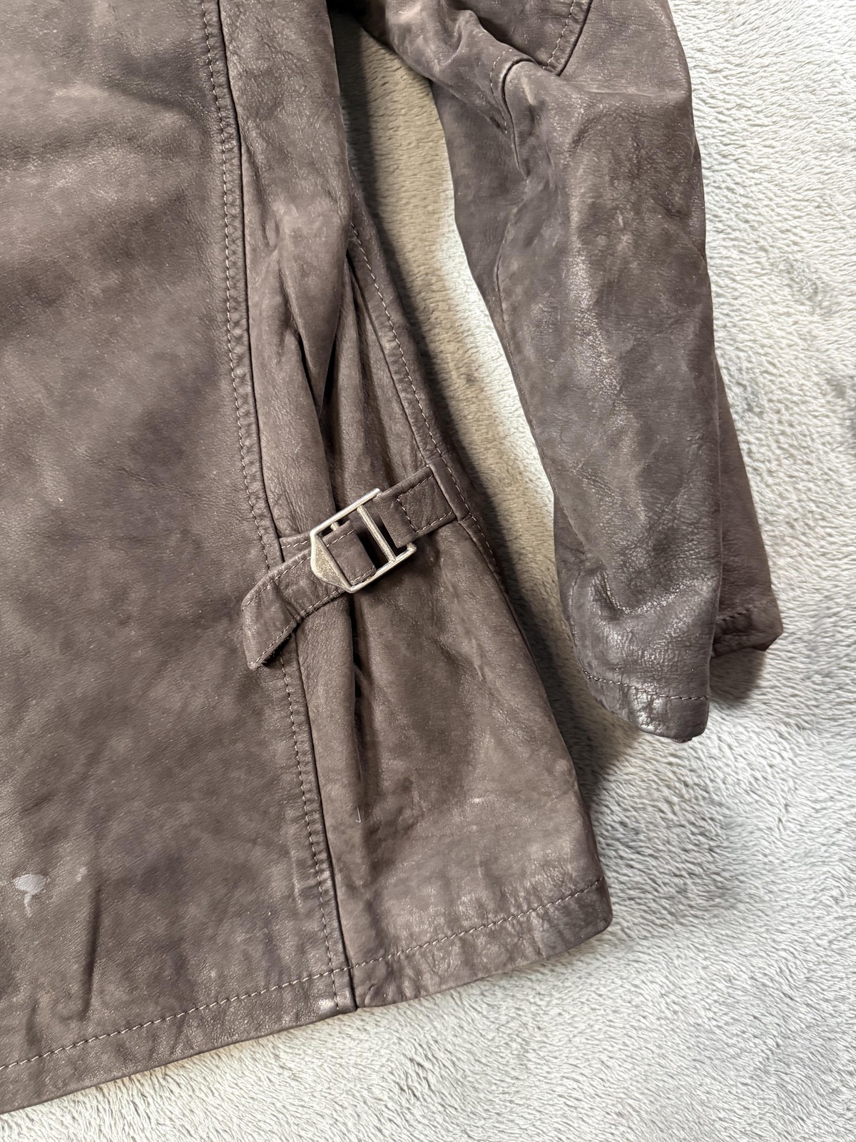 USED Leather Coat Mens 54 Brown Belted Button Front Quilted Overcoat Made Italy