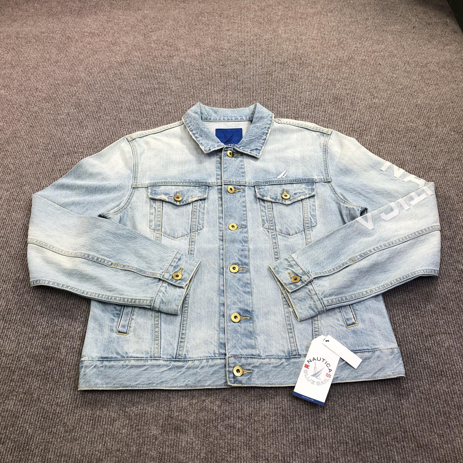 Nautica Jacket Mens Medium Blue Denim Trucker Button Front Blue Sail Biker