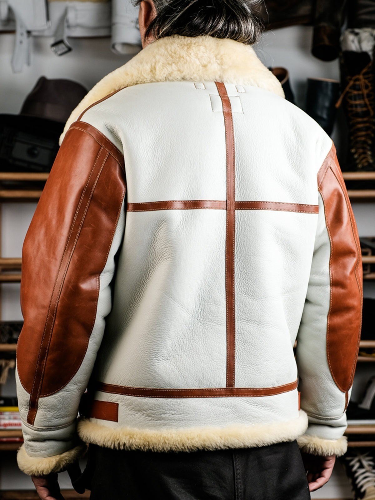 Men’s Off White B3 RAF Genuine Sheepskin Shearling Aviator Bomber Jacket