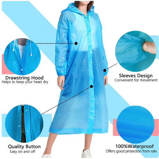 Unisex Adult Waterproof Raincoat Rain Coat Hooded Jacket Poncho Rainwear Camping