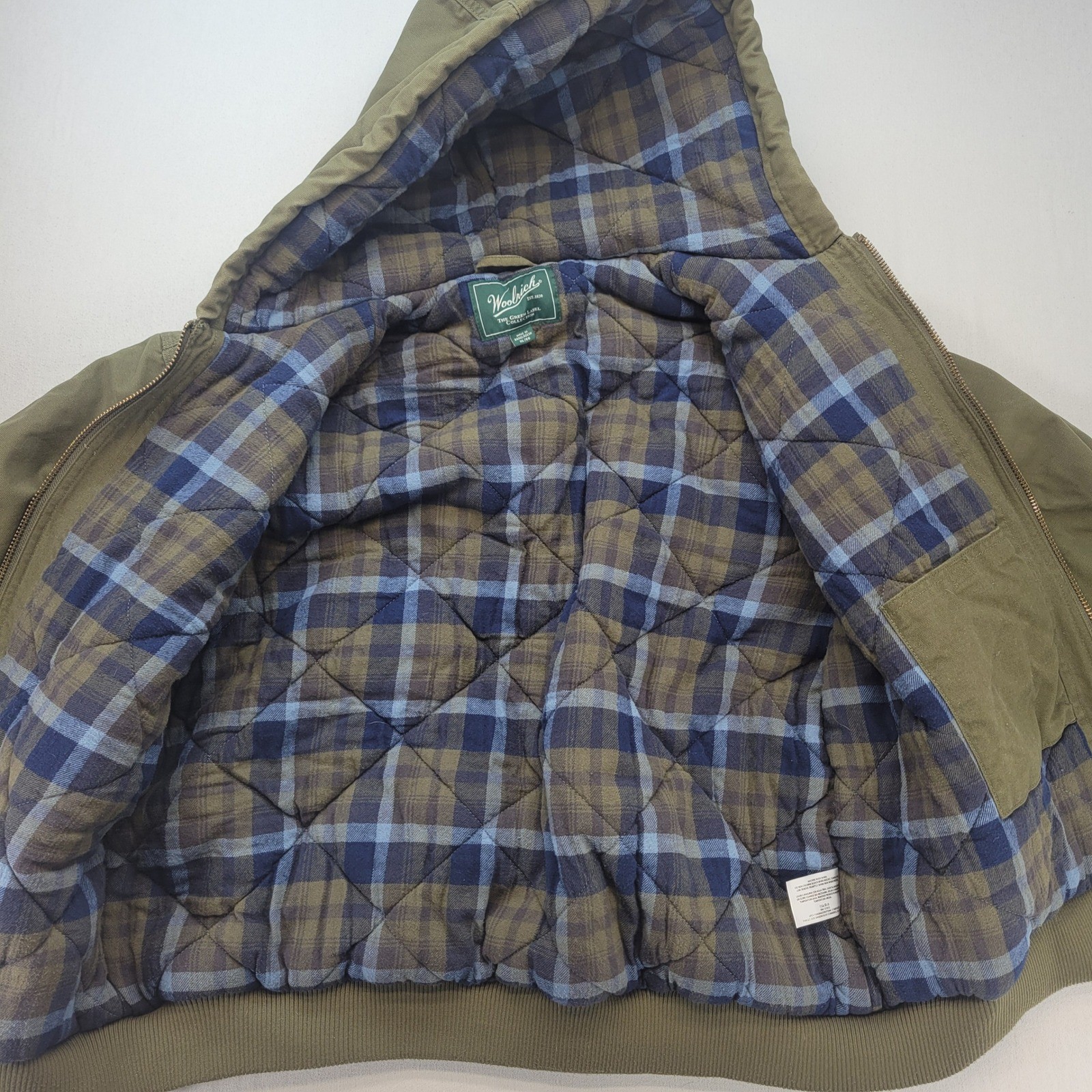 Woolrich Hooded Work Jacket Mens XL Green Canvas Plaid Lined Quilted Full Zip