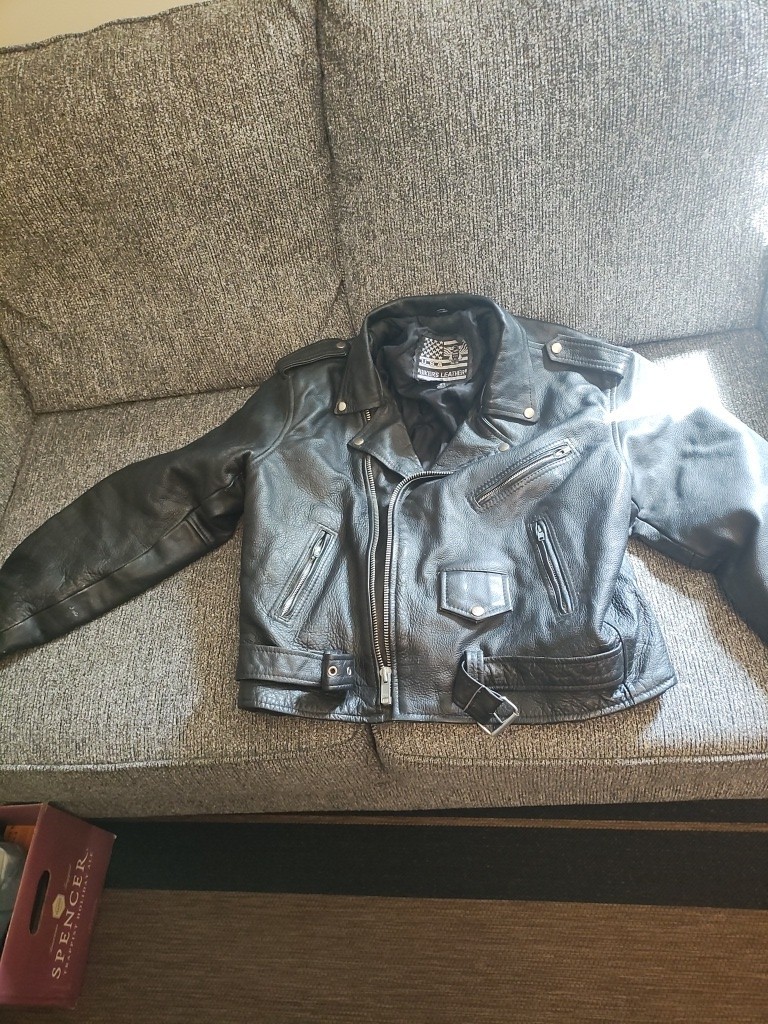 Men’s Black Leather Biker Motorcycle Jacket Zip Front Spread Size 54 As Is