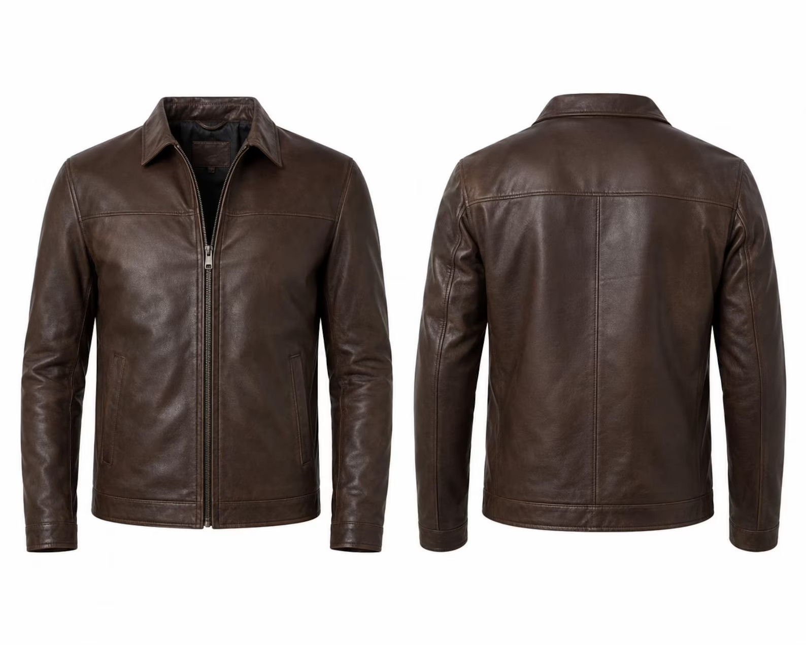 Mens Real Leather Jacket Classic Shirt Collar Zip Front Biker Casual Coat