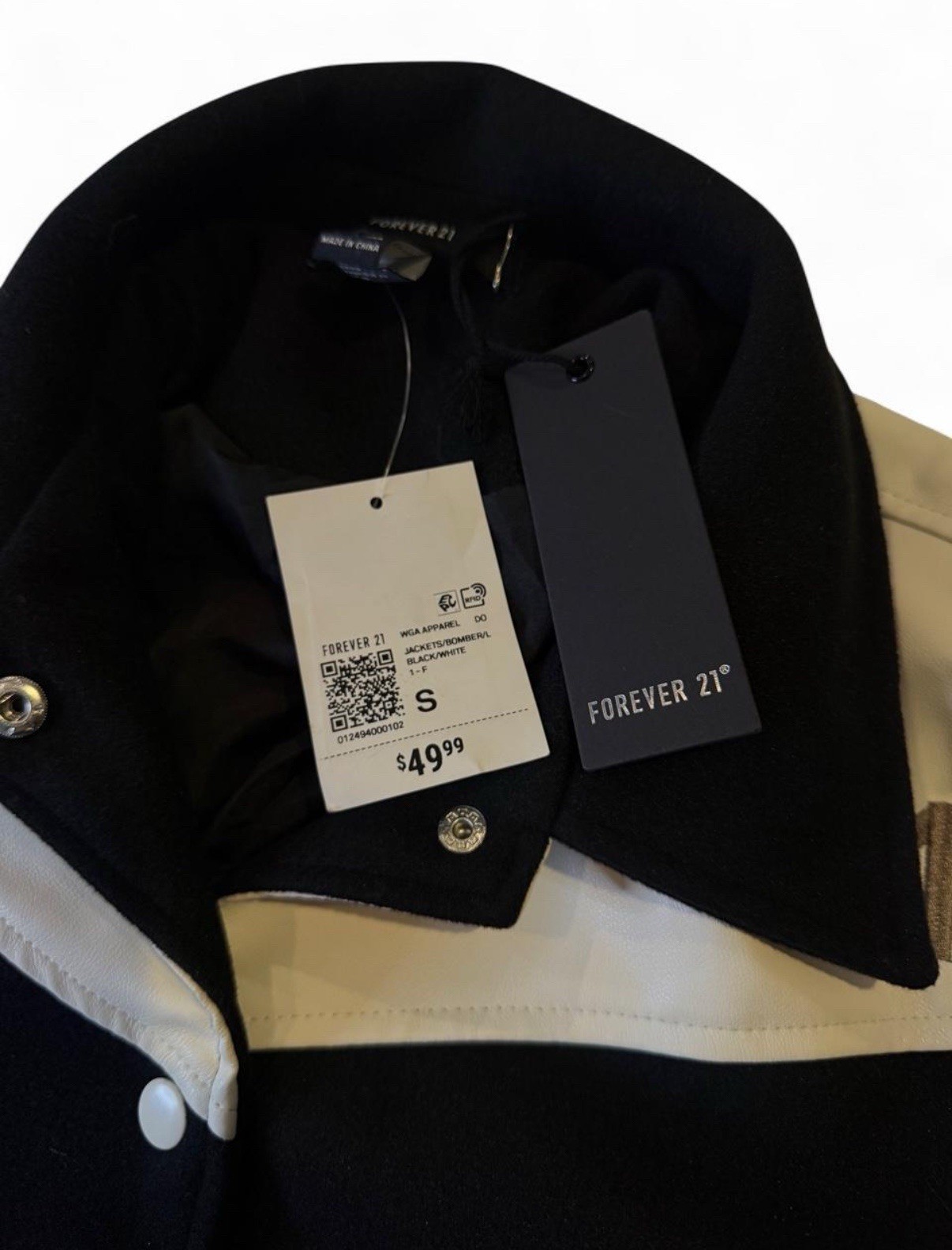 Forever 21 Unisex S Varsity Jacket Black/White Colorblock Embroidered Snap