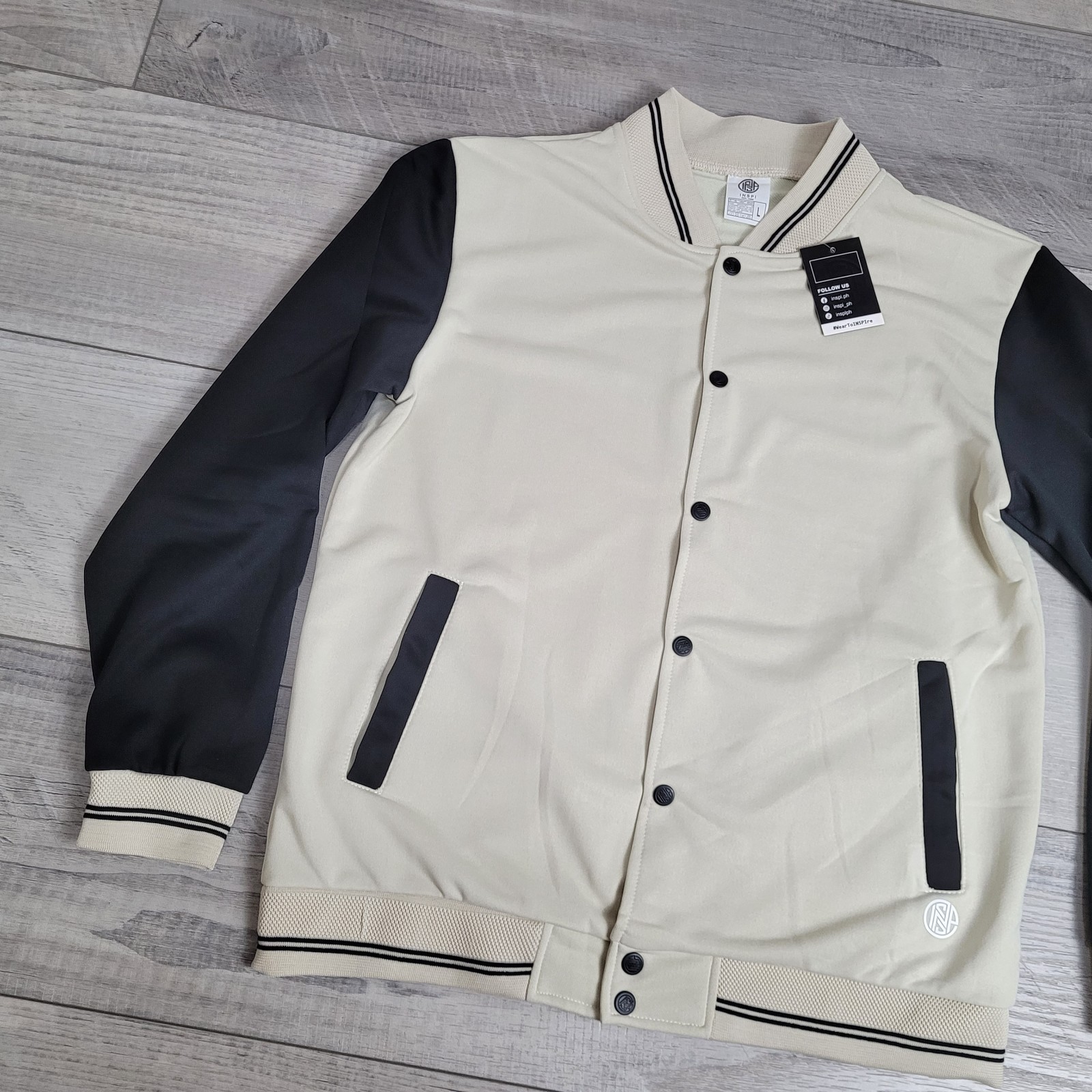 🧢INSPI Korean Bomber Varsity Jacket Unisex Large Ivory/Black Streetwear NWT