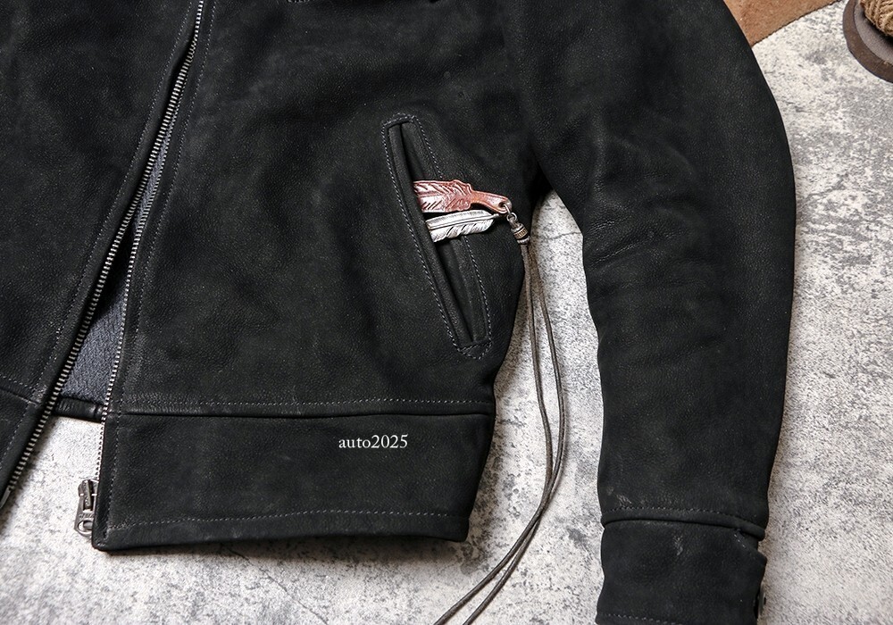 Mens Vintage Style Washed Distressed Nubuck Cowhide Leather Biker Jacket Matte