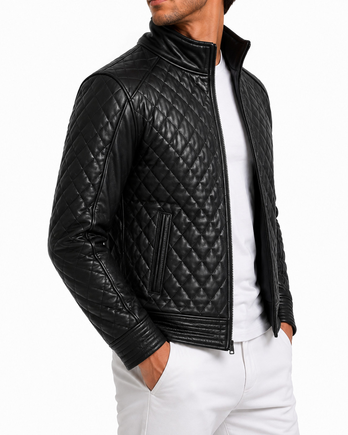 Men’s Black Leather Jacket Genuine Diamond Quilted Stand Collar Biker Jacket