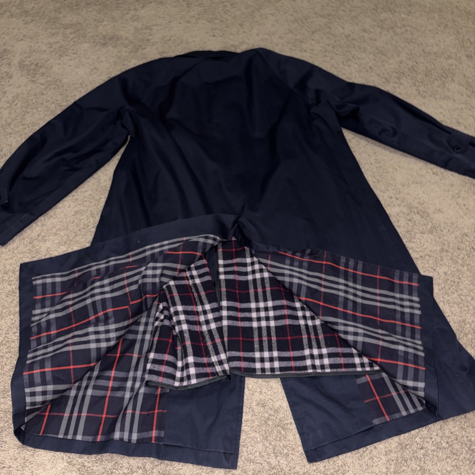 Burberry London Men’s Navy Blue Nova Check Lined Long Trench Coat Size 42R