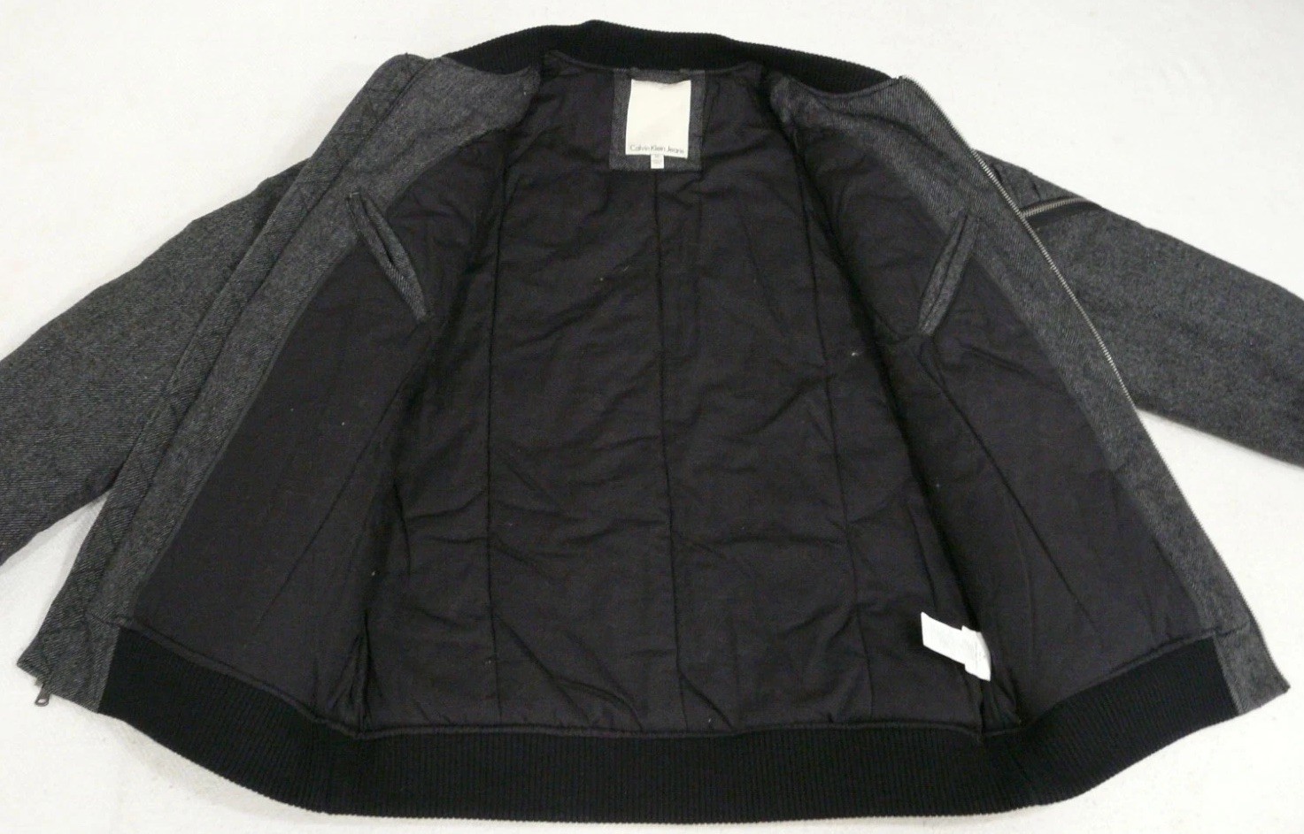 Calvin Klein Bomber Jacket Mens M Charcoal Gray Zip Pockets Ribbed Heavyweight