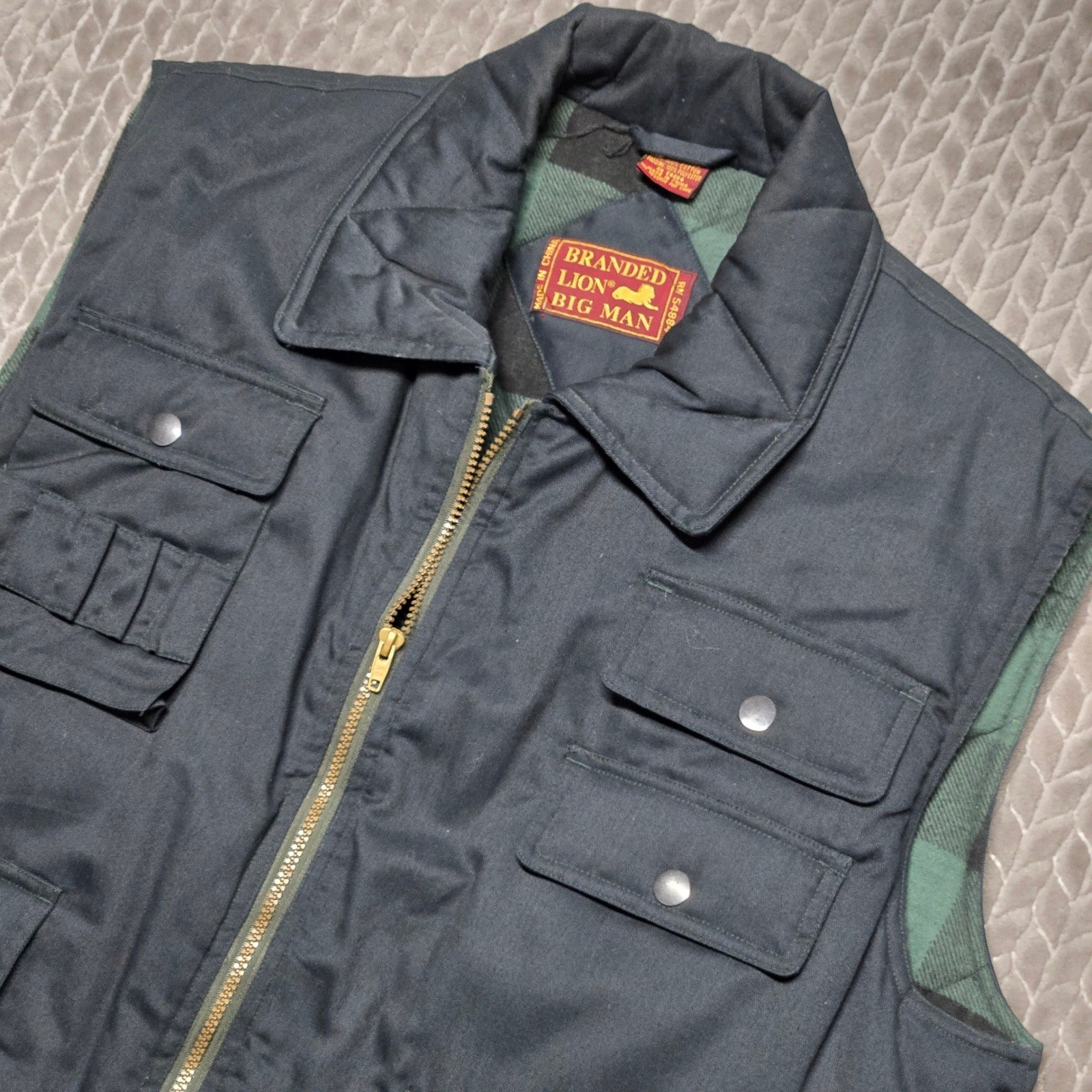 Branded Lion Big Man Navy Blue Utility Vest Quilted Plaid Lining 1XB Workwear