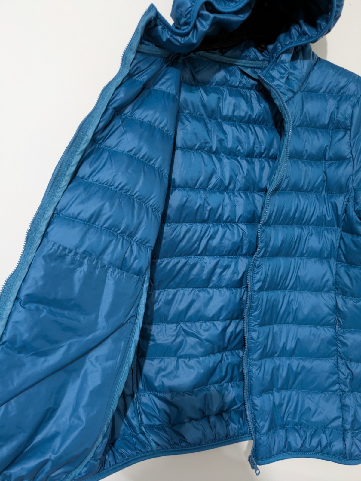 Men’s Blue Hooded Quilted Down Puffer Jacket Full Zip Short Length Size S