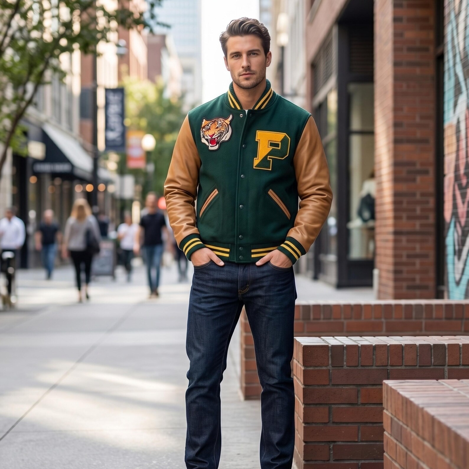 Men’s Genuine Leather Varsity Jacket Wool Letterman Bomber Coat Custom Handmade