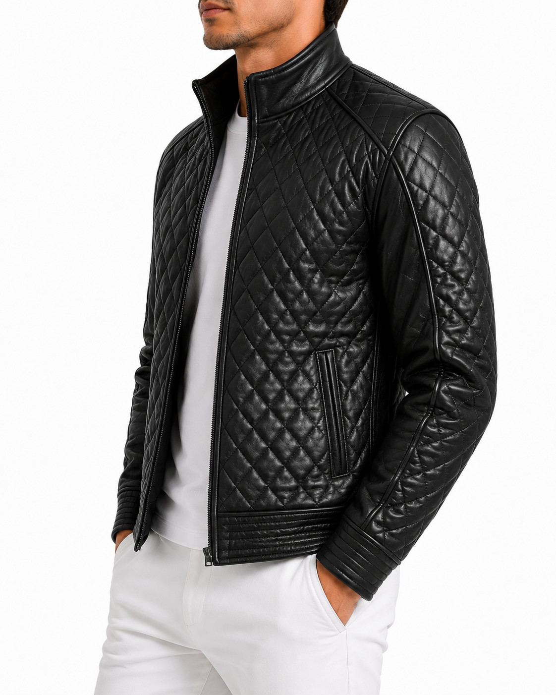 Men’s Black Leather Jacket Genuine Diamond Quilted Stand Collar Biker Jacket
