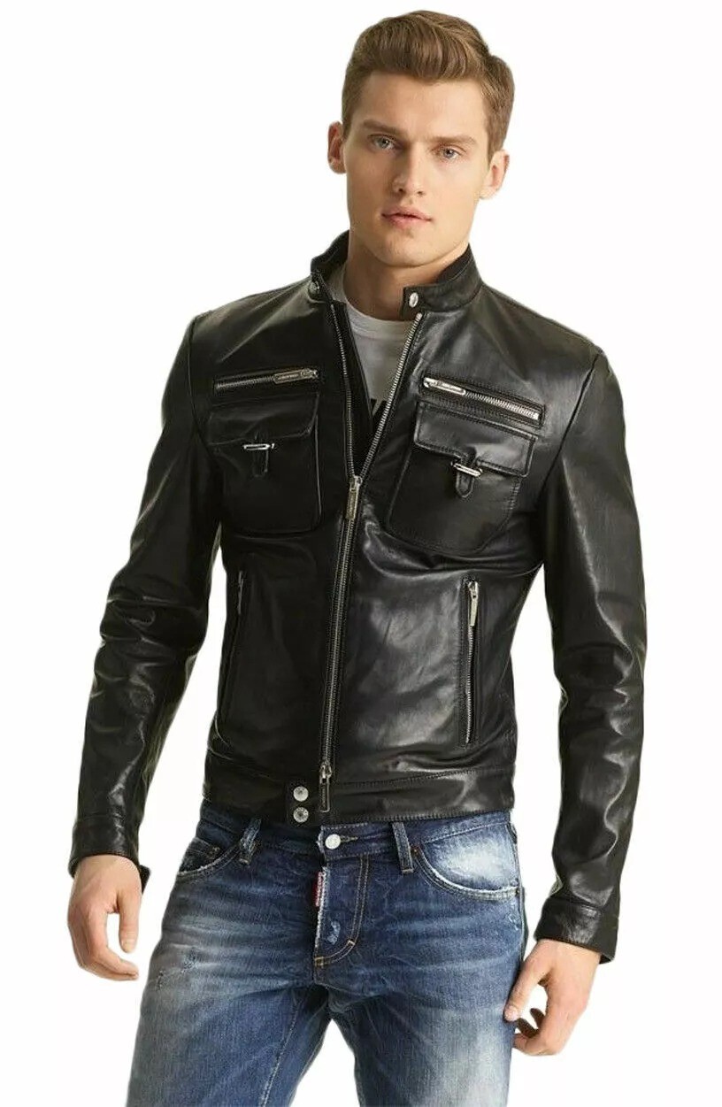 Black Café Racer Leather Jacket For Men