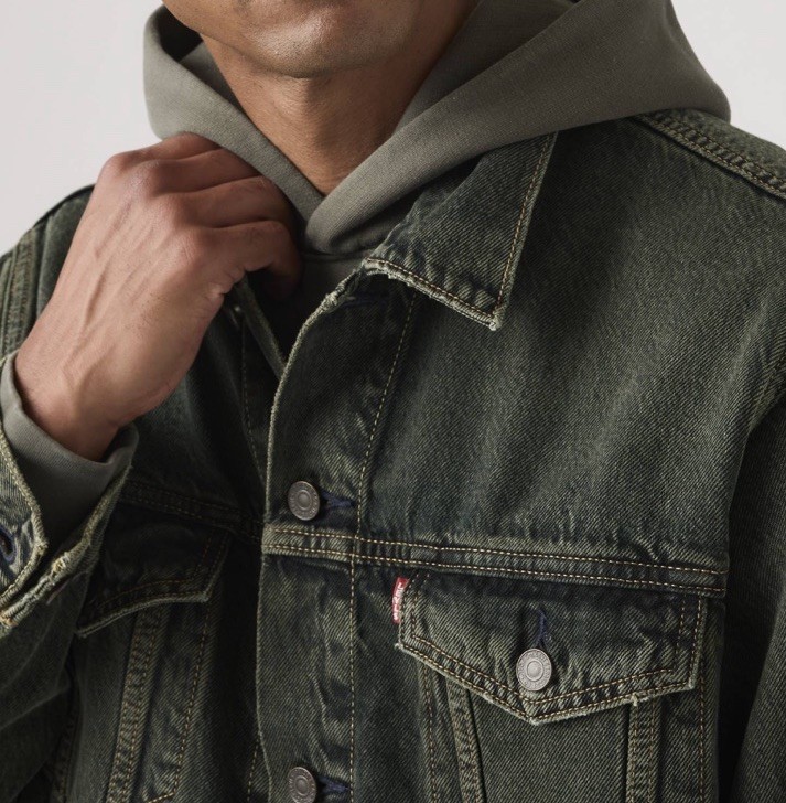 LEVI’S Men’s Medium Dust Blue Green Premium Denim Trucker Jacket Inner Pockets