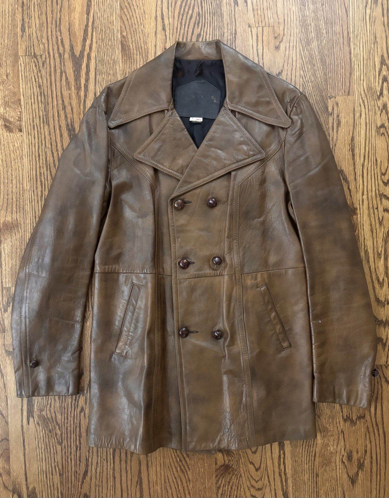 Vintage 1970’s Men’s Genuine Leather Double Breasted Leather Pea Car Coat 40