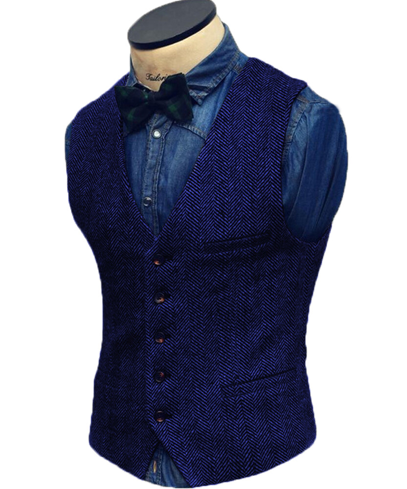Mens Suit Vintage Tweed Vest Herringbone Waistcoats Wedding Retro Wool Groomsman