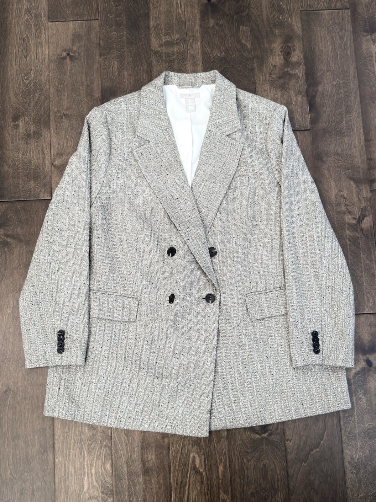 H&M Men Double Breasted Four Button Grey Herringbone Suit Jacket Blazer Size XL
