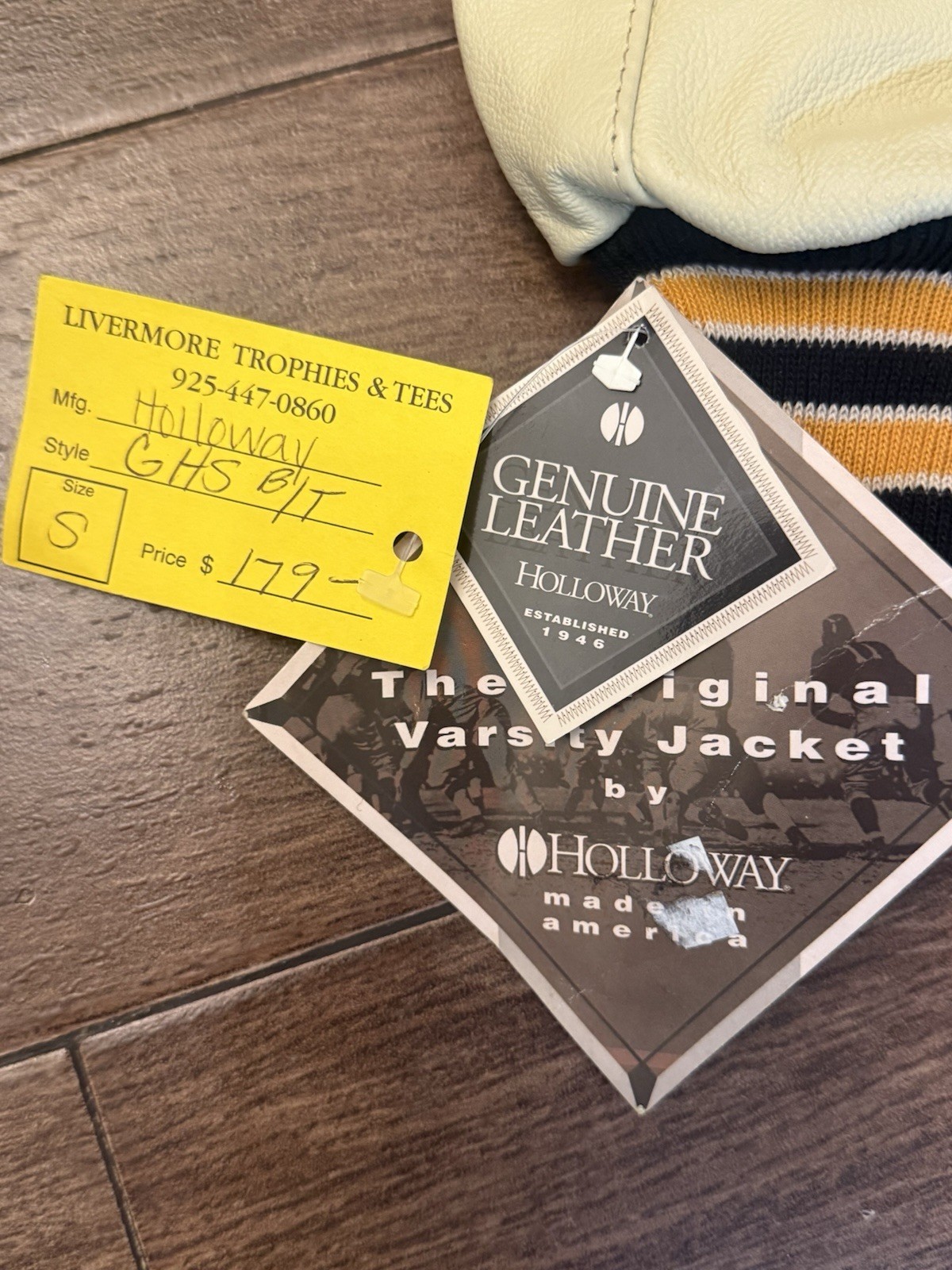 NWT Holloway Wool Varsity Jacket With Genuine Leather Sleeves Black Yellow Sz S
