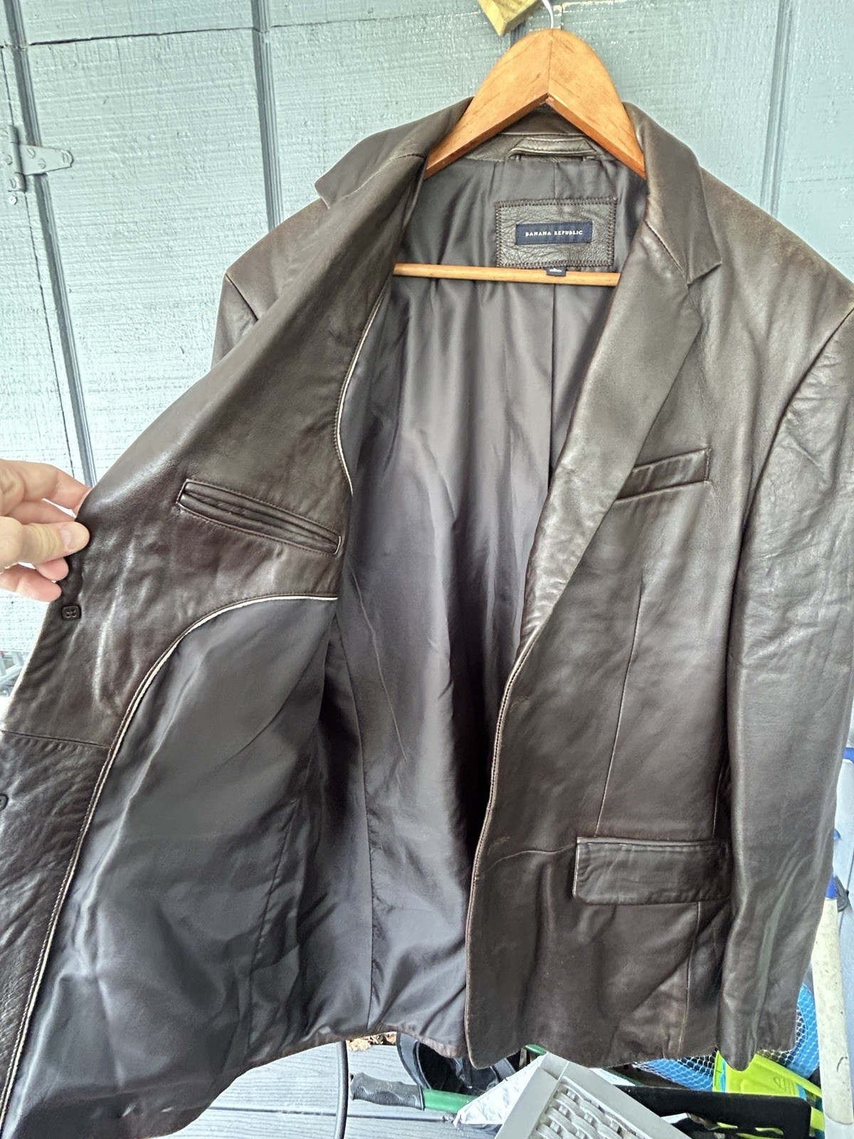 Banana Republic Leather Blazer Jacket Mens Large Brown Two Button