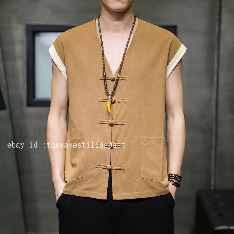 Men Cotton Linen Waistcoat Vest Sleeveless Tang Suit Jacket Kung Fu Tai Chi Vest