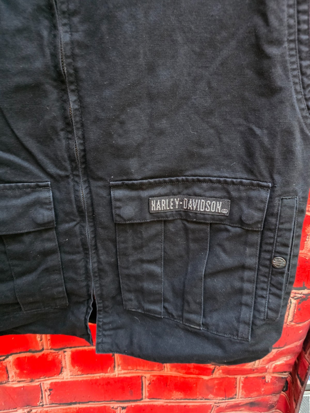 Harley Davidson Zipper Vest XL Black Cotton Logo Cargo Pockets Lace Up MEN’S