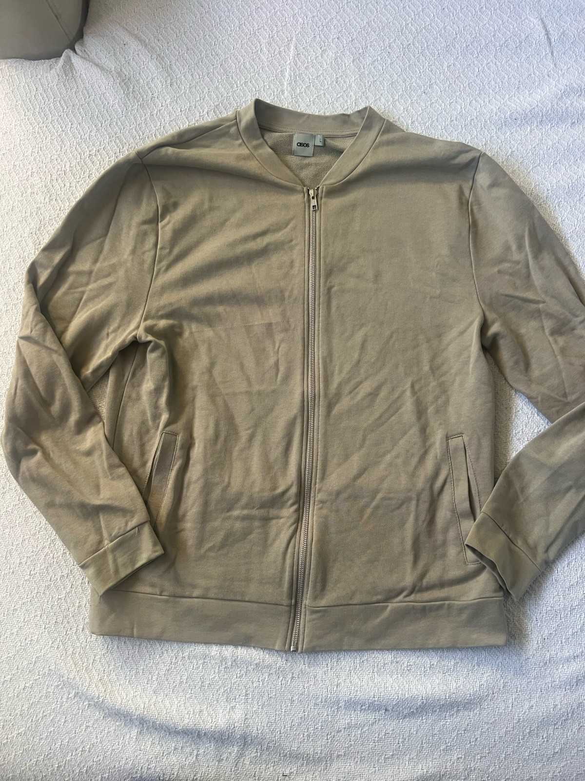 ASOS Women’s Full Zip Collared Fleece Cotton Sweatshirt Beige Solid Size L