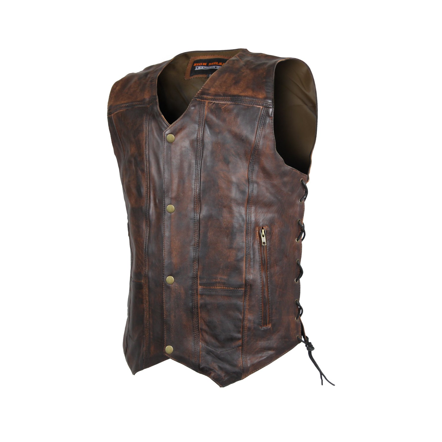 Classic Leather Vest Vintage Patina Brown Side Lace 10 Pocket Heritage Style