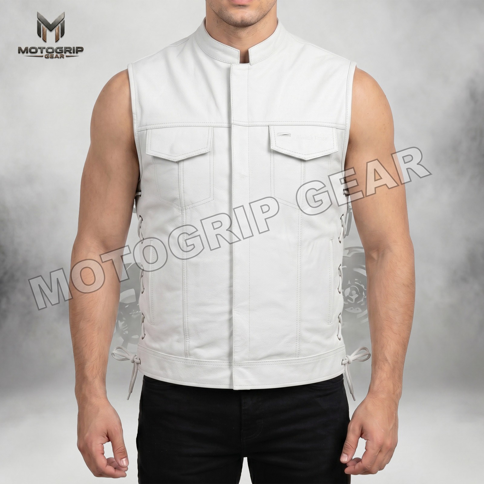 MOTOGRIP® White Leather Motorcycle Club Vest Concealed Carry SOA Biker