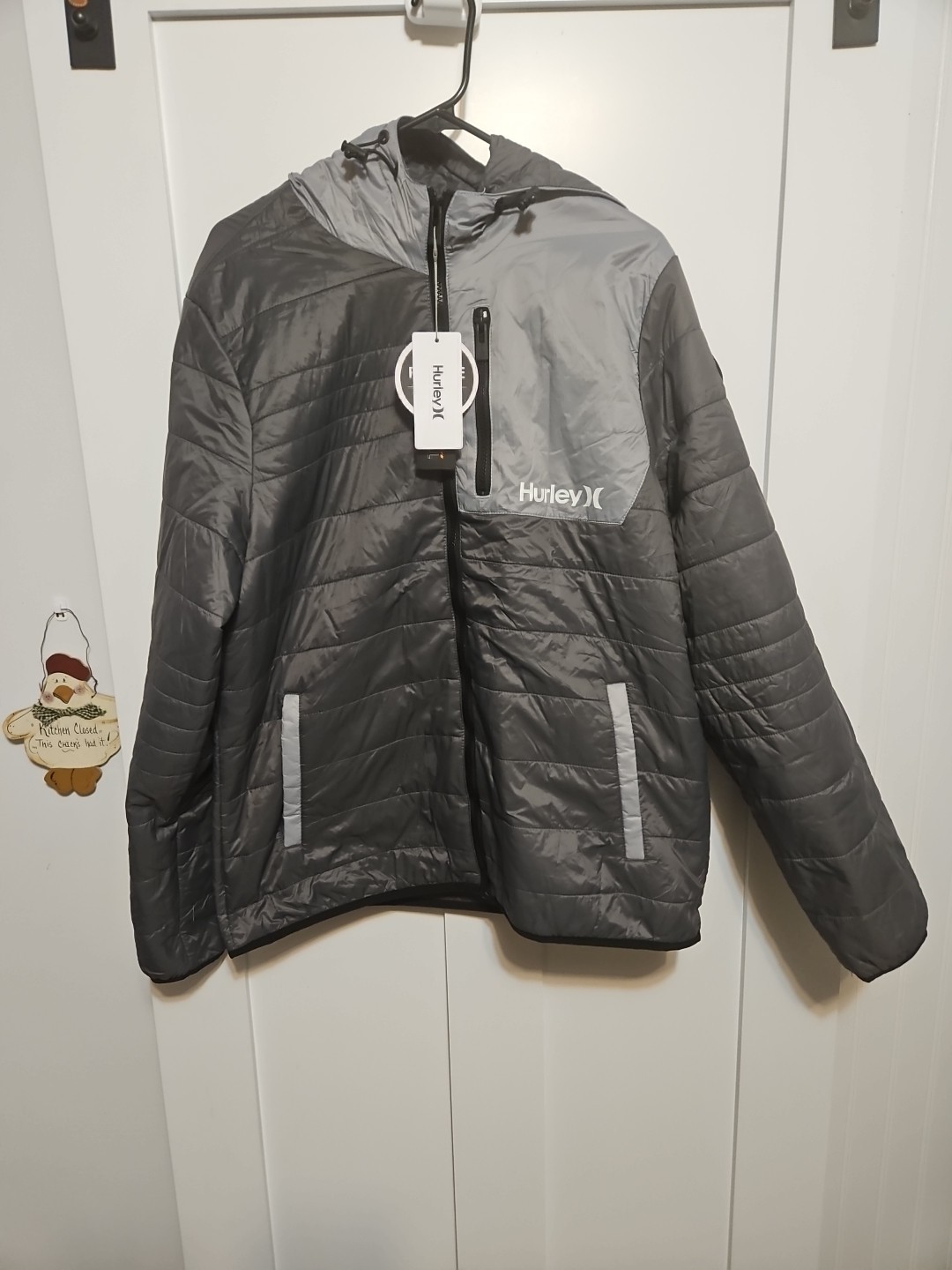 Hurley Carrick Men’s Size L Packable Lined Full Zip Gray Hooded Jacket New