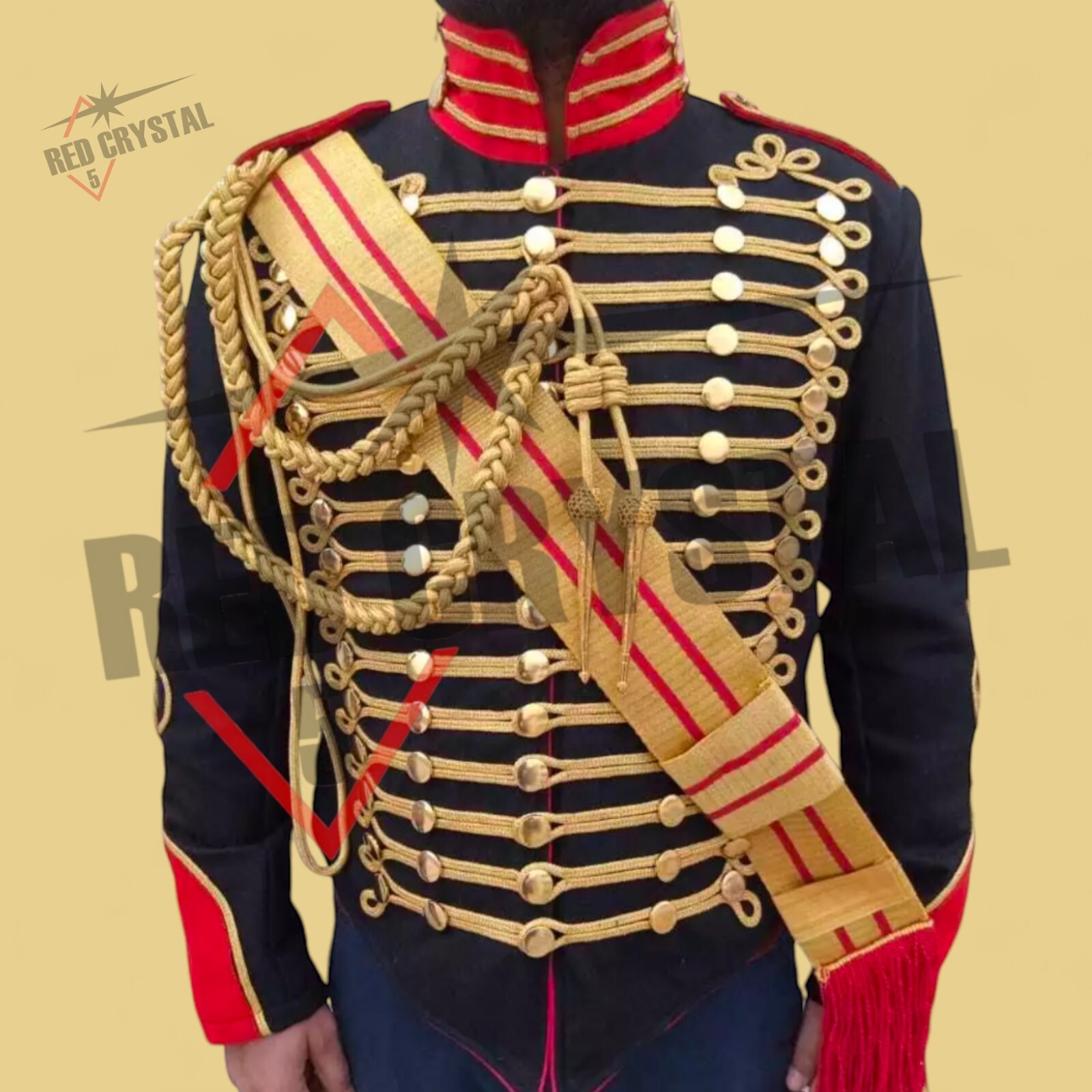 New Black General Men’s Hussar Custom Made Ceremonial Gold Braiding Wool Jacket