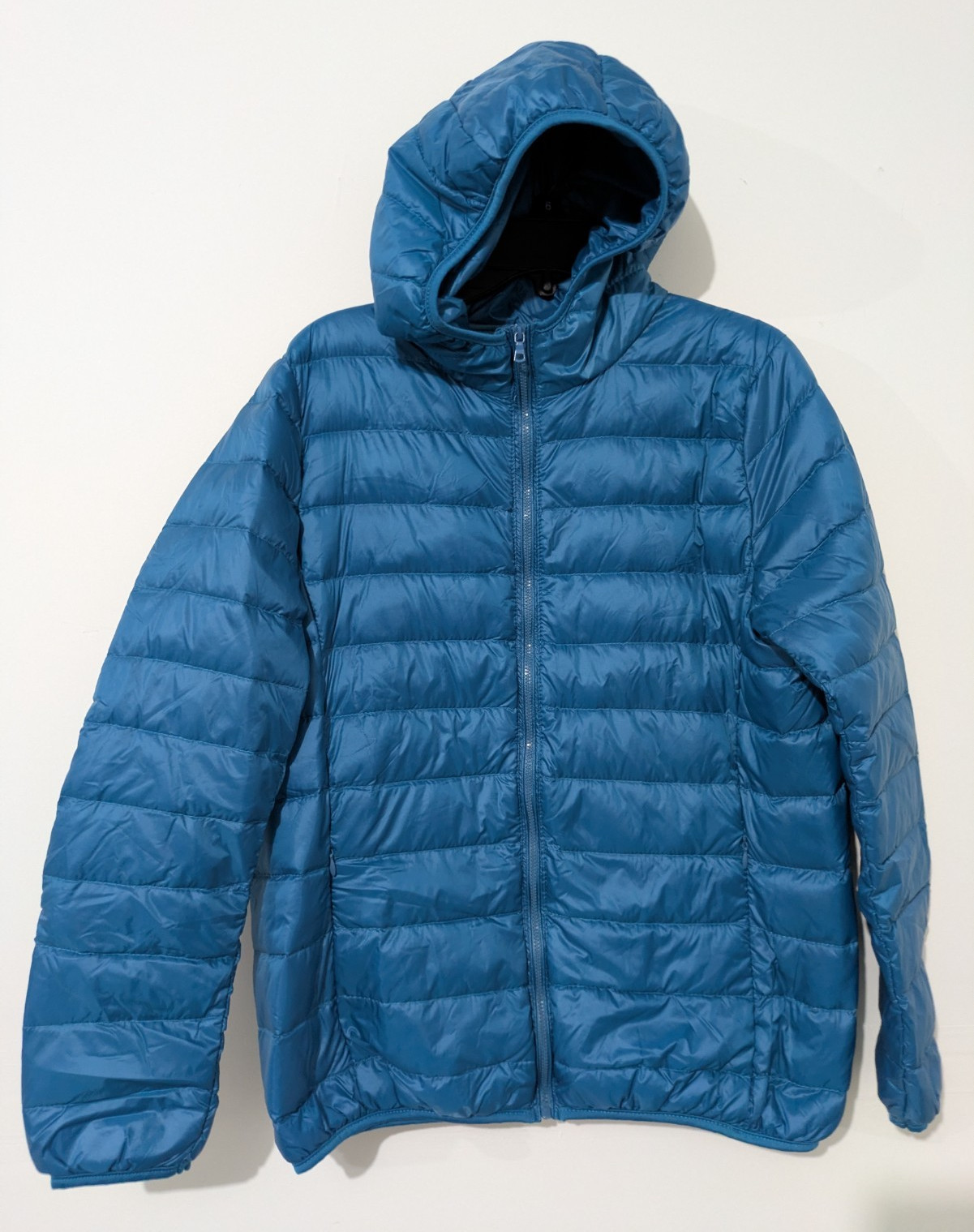 Men’s Blue Hooded Quilted Down Puffer Jacket Full Zip Short Length Size S
