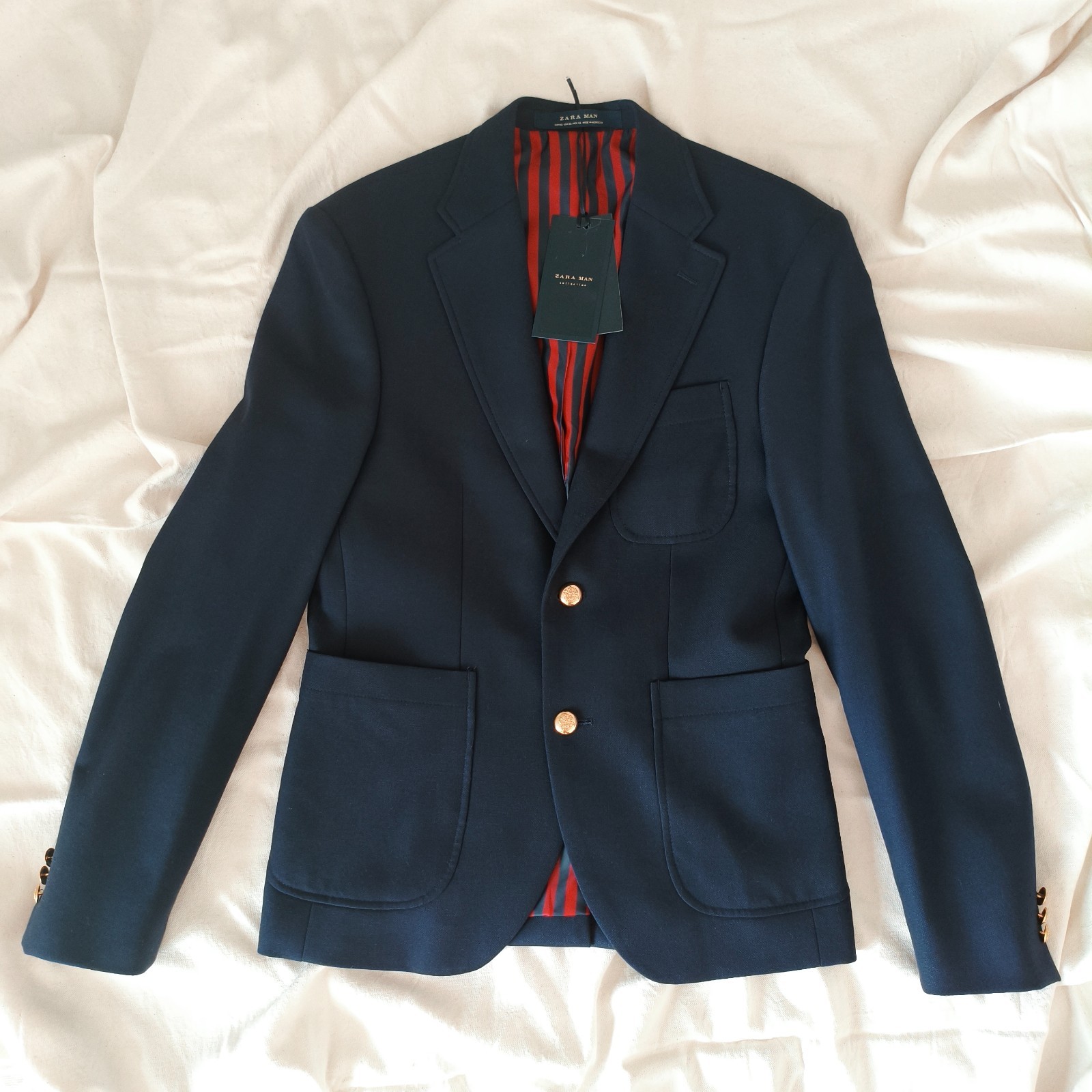 MENS NAVY BLUE BLAZER JACKET M ZARA POLYESTER GOLD BUTTONS LINING STRIPES