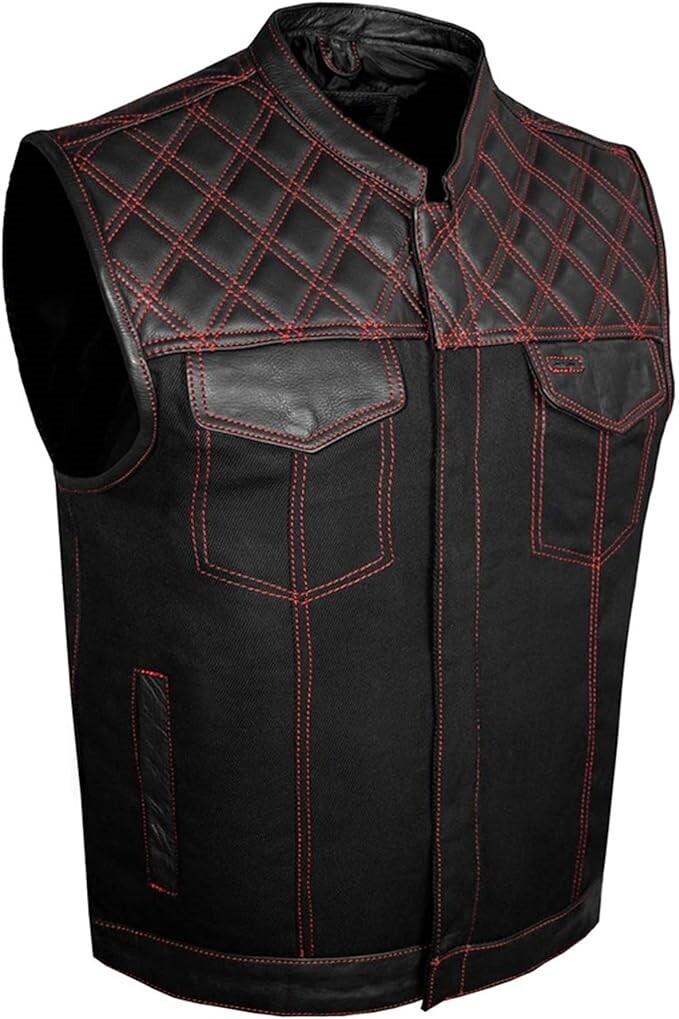 Men’s SOA Denim & Leather Vest Club Concealed Carry Gun Pockets Multicolor